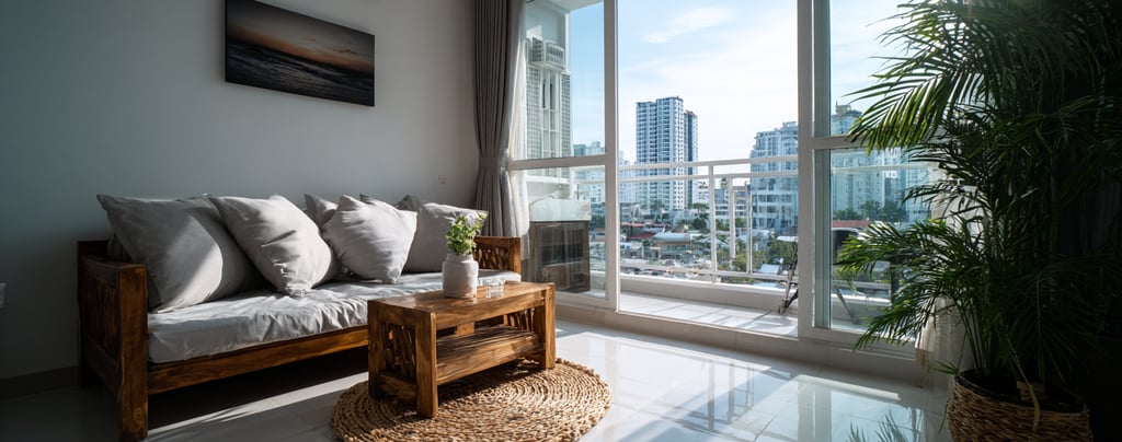 Modern studio apartment interior in Phnom Penh with white tiles and simple furniture