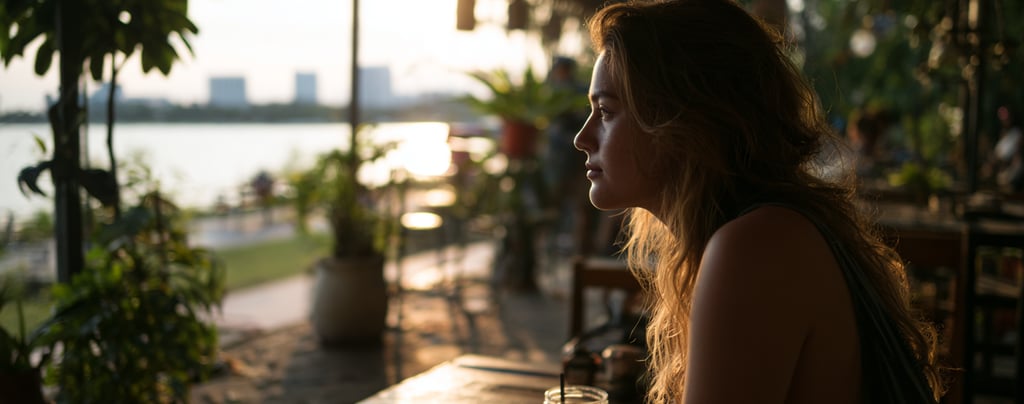 Young foreigner drinking iced coffee at a Phnom Penh riverside cafe with skyline in the background