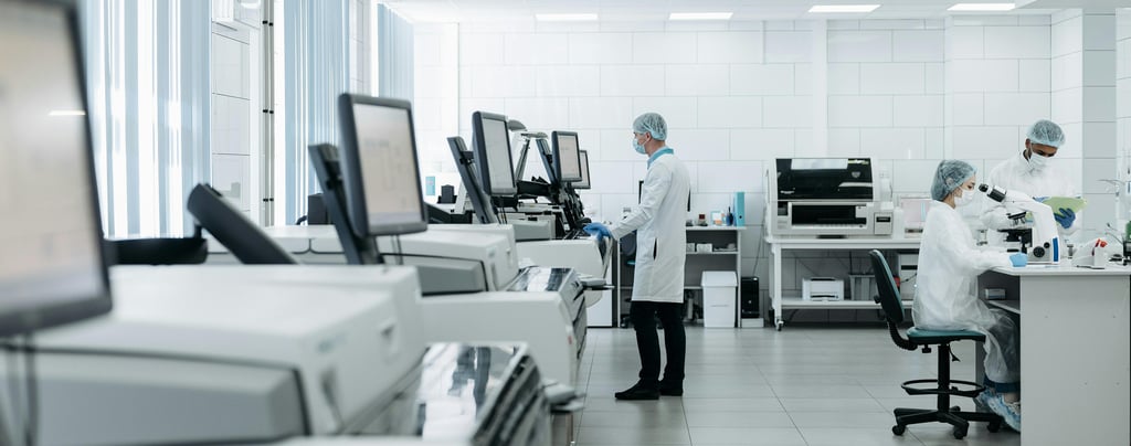 a group of people in a lab with computers and computers