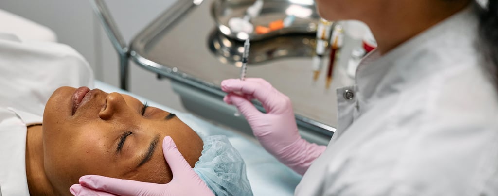 a woman in a white shirt and gloves is getting her face examined