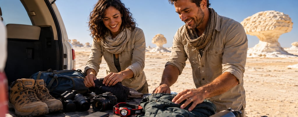 A smiling couple packs hiking gear and travel accessories into an SUV for a desert adventure trip.