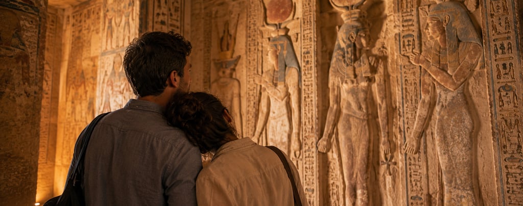 A couple admires ancient Egyptian hieroglyphics and deity carvings inside a historic temple.