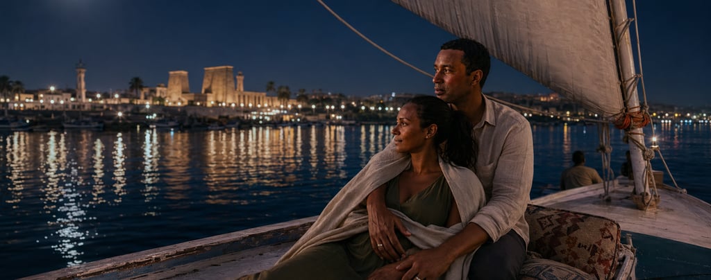 A couple sits on a traditional Egyptian felucca boat at night, overlooking the illuminated Nile River and Luxor Temple.