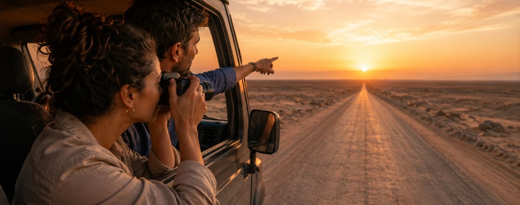 Couple on a desert safari taking photos of a scenic sunset from their 4x4 vehicle.