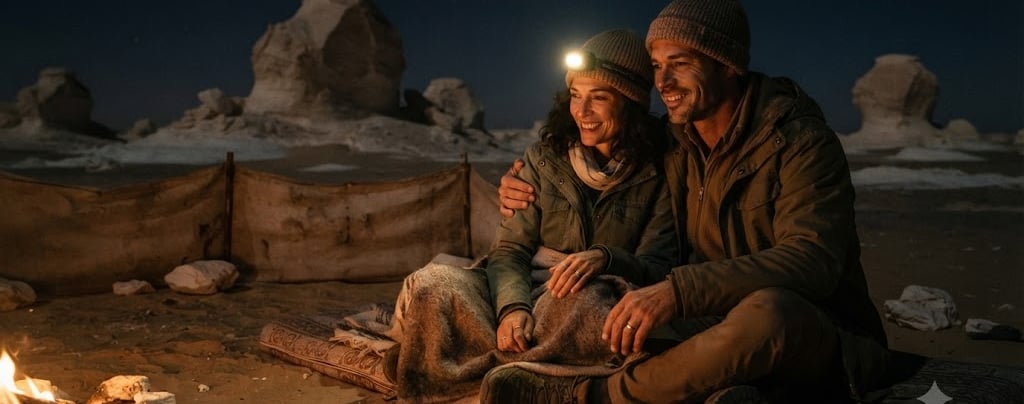 A happy couple camping in the desert at night, sitting by a campfire under a starry sky.