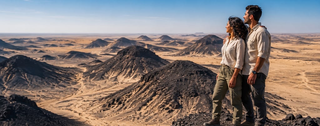 A couple stands on a dark rocky peak overlooking a vast desert landscape with volcanic hills.