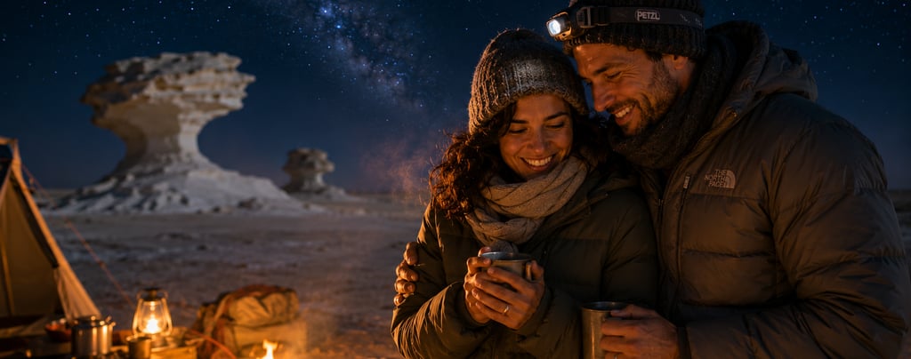 A smiling couple camping by a desert bonfire under a starry Milky Way sky with white rock formations.