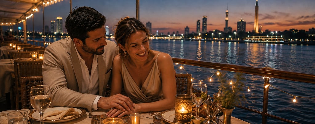 A romantic couple enjoying a candlelight dinner cruise on a boat at sunset with city skyline views.