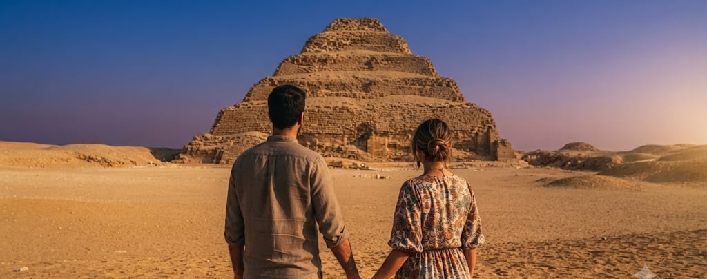 A couple holding hands while looking at the ancient Step Pyramid of Djoser in Saqqara, Egypt.