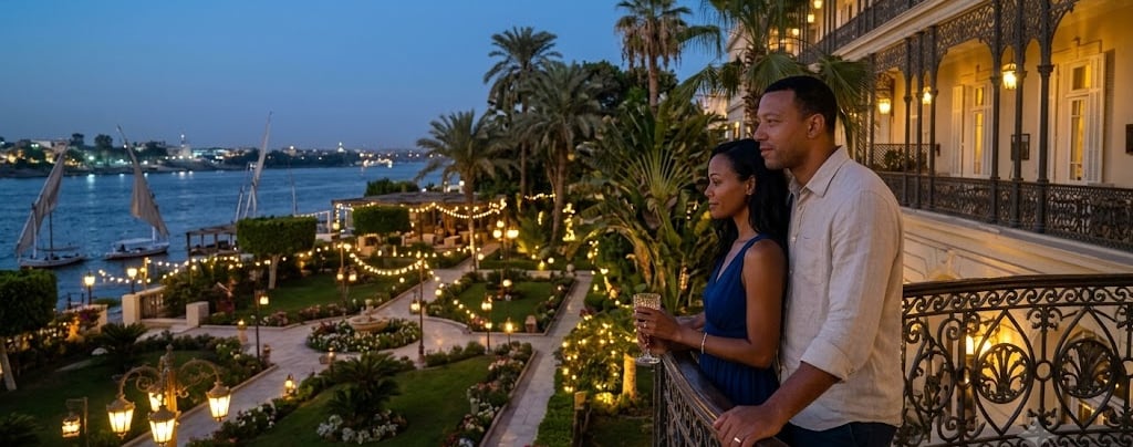A couple overlooks the luxury Winter Palace resort at twilight with palm trees and evening lights.