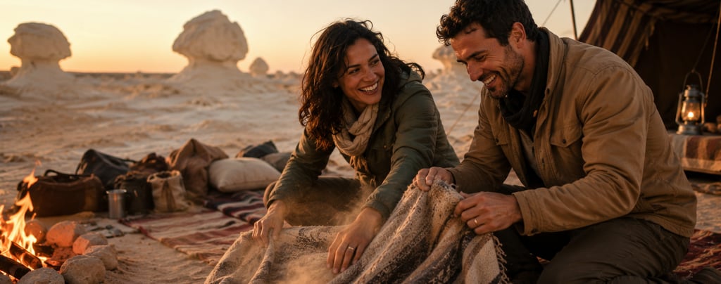 A smiling couple dusting of a blanket after a desert night sleep..