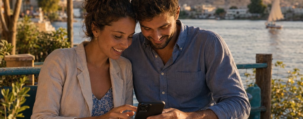 A happy couple looks at a smartphone while dining at a waterfront restaurant in Egypt with a felucca boat on the Nile.