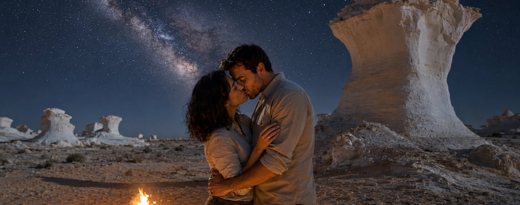 A couple kissing by a campfire in the White Desert under a starry Milky Way sky.