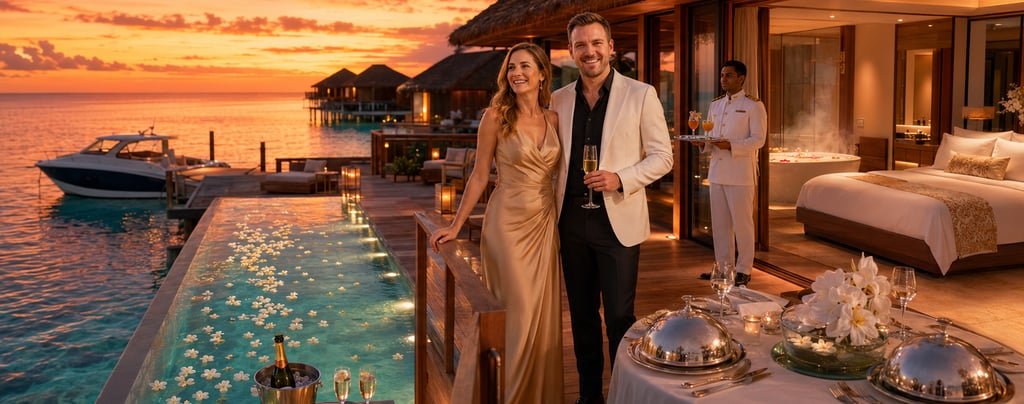 Couple enjoying a luxury honeymoon sunset dinner at a private Maldives overwater villa with infinity pool.