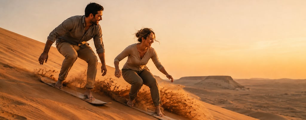 A smiling couple sandboarding down a steep desert dune during a golden sunset.
