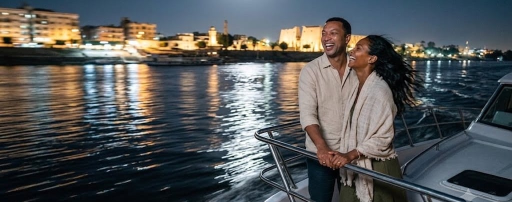 A happy couple on a luxury boat cruise on the Nile River at night with Luxor city lights and moon.