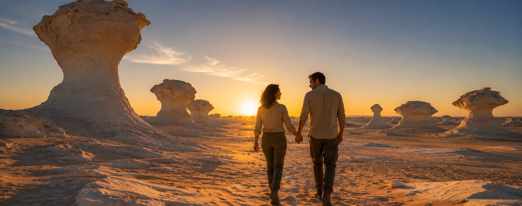 A couple holds hands walking through the White Desert National Park in Egypt at sunset.