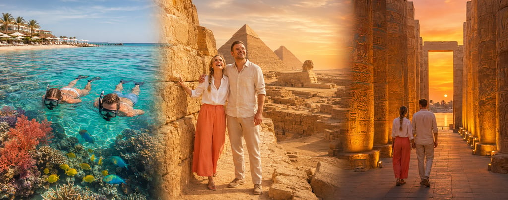 A travel collage of Egypt featuring snorkeling in the Red Sea, a couple at the Pyramids of Giza, and Luxor Temple at sunset.