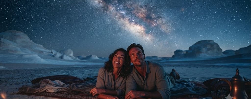 A couple stargazing at the Milky Way galaxy while camping in the White Desert under a night sky.