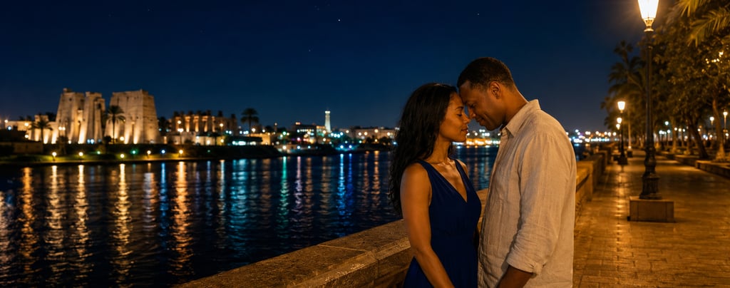 A romantic couple embraces by the Nile River in Luxor, Egypt, with illuminated ancient temples at night.