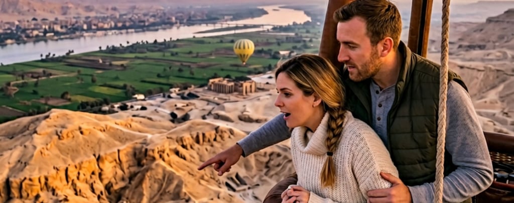 Couple in a hot air balloon at sunrise flying over Luxor's Valley of the Kings and the Nile River.