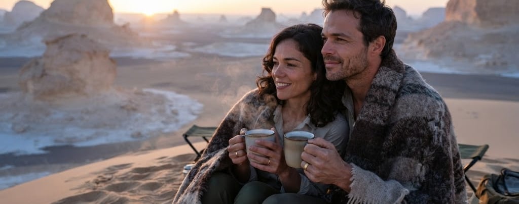 A couple wrapped in a blanket drinks coffee while watching the desert sunrise.