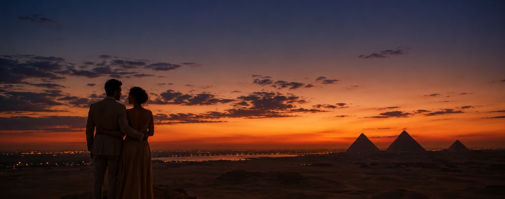 Silhouette of a romantic couple viewing the Great Pyramids of Giza during a vibrant desert sunset in Egypt.