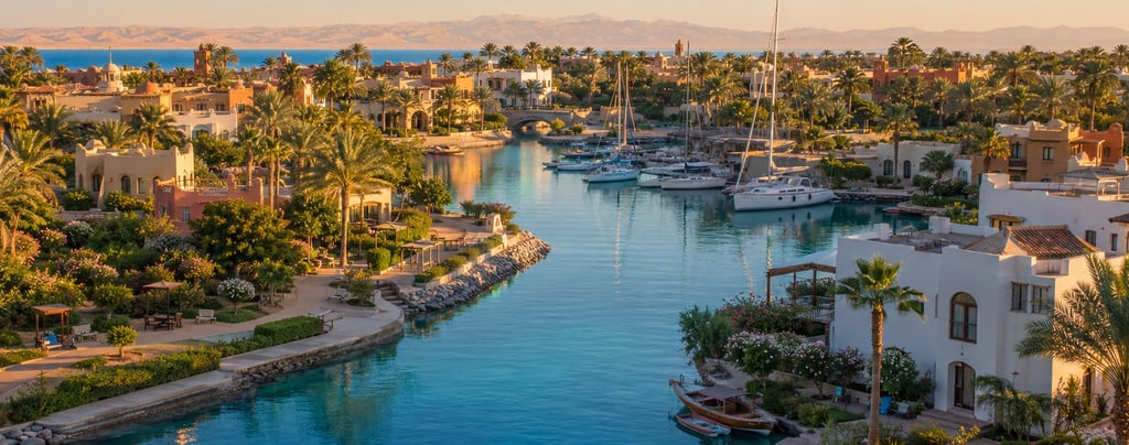 Luxury resort in El Gouna, Egypt featuring a blue lagoon, yachts in a marina, and palm trees at sunset.