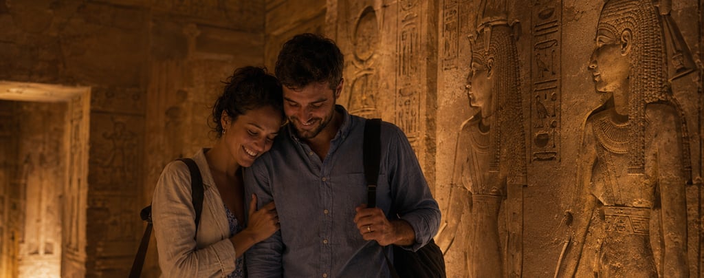 A smiling couple explores the ancient Egyptian Abu Simbel temple with stone wall hieroglyphics.