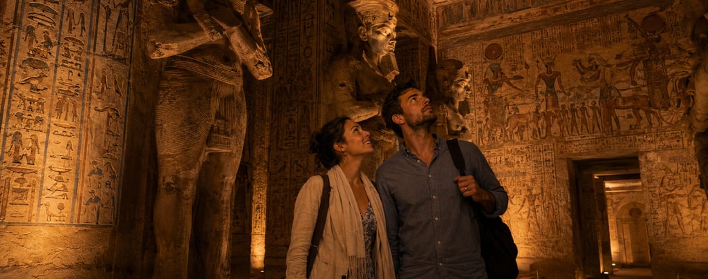 A couple touring an ancient Egyptian temple interior featuring hieroglyphics and Pharaoh statues.