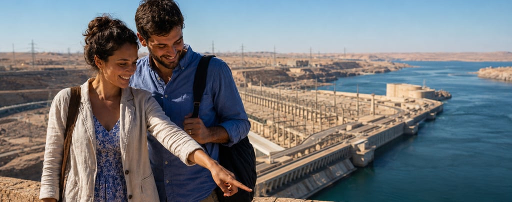 A smiling couple looking at the Aswan High Dam and Lake Nasser during a sunny day trip in Egypt.