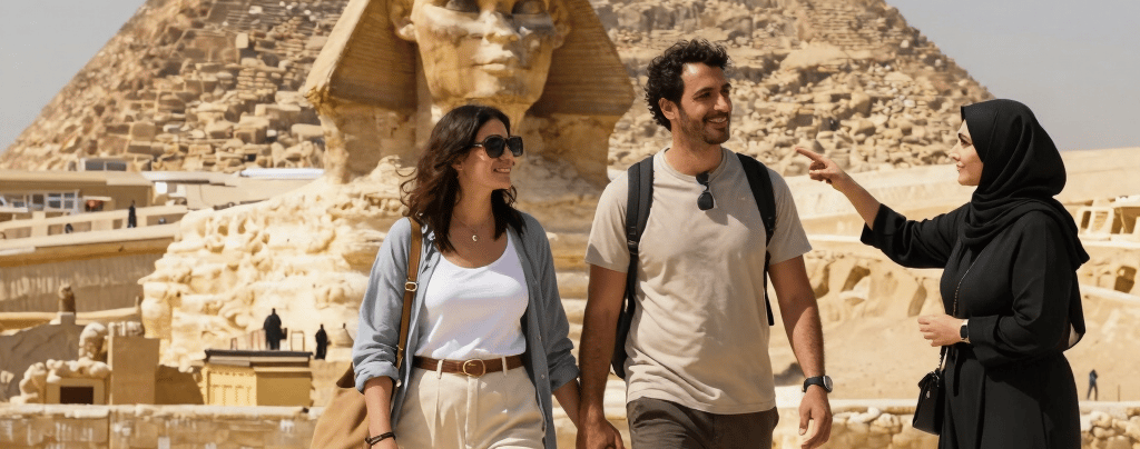 A couple on a guided tour of the Great Sphinx and Pyramids of Giza in Egypt.
