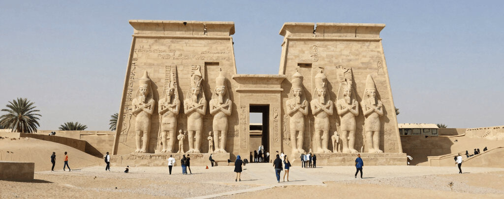 Ancient Egyptian temple of Gerf Hussein featuring monumental statues of Ramesses II at the pylon entrance.
