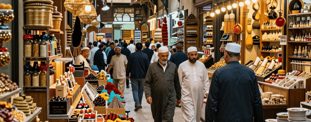 Busy traditional Middle Eastern souk market with vendors selling spices, sweets, and handicrafts in a narrow alley.