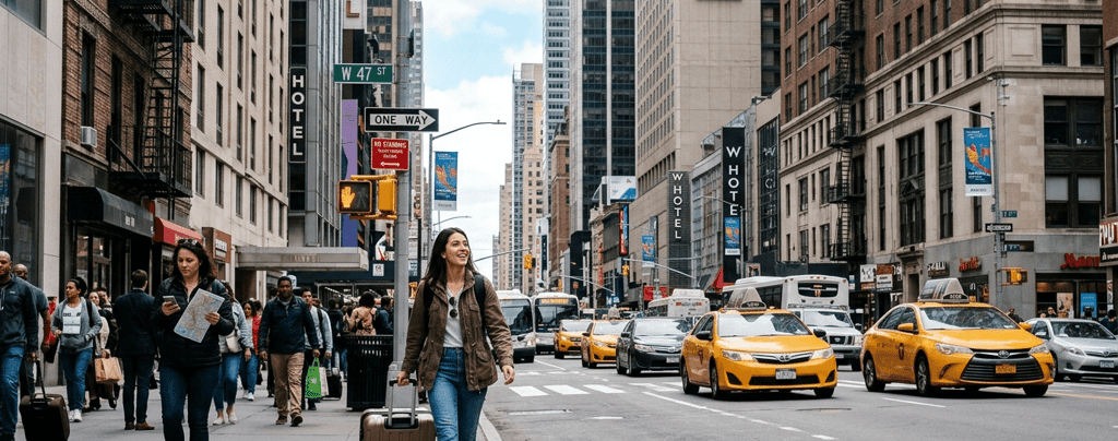 Rua movimentada em Manhattan com hotéis, táxis amarelos e viajantes caminhando com malas.