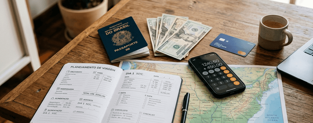 Planejamento de custos para viagem aos EUA com passaporte, dólares e mapa.