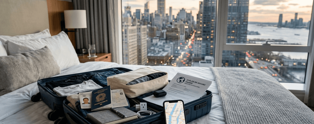 Mala aberta com passaporte e vista para Nova York