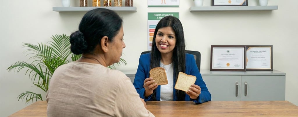 Dietitian Ankita Gupta Sehgal explaining bloating vs fat to client in Delhi NCR