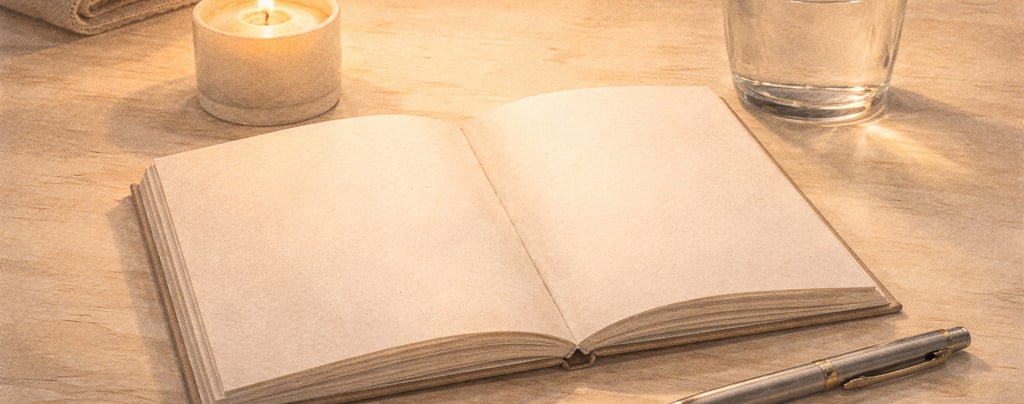 Cuaderno con un bolígrafo un vaso y una vela al lado