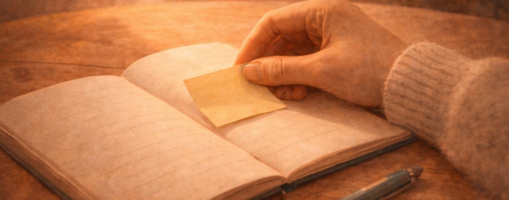 Mano colocando una nota en un cuaderno, gesto de empezar en pequeño