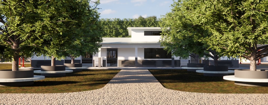 Refeitório da fazenda com ambiente amplo e área de convivência coberta