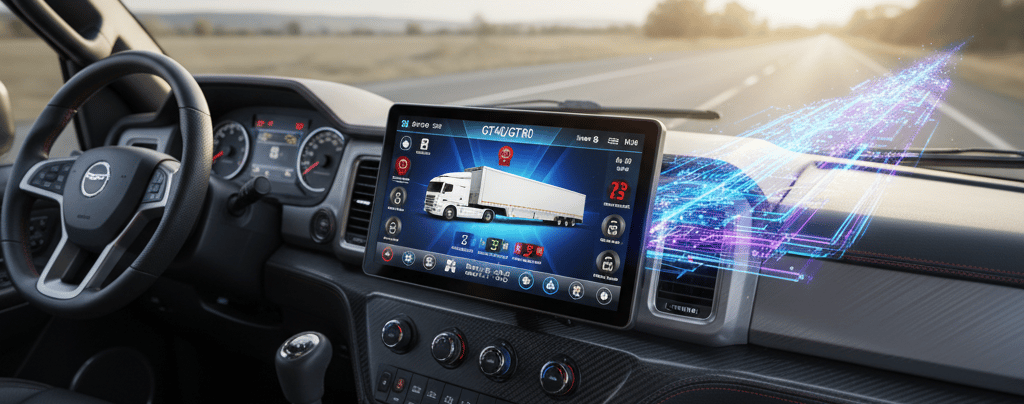 Alt-text: A GUTA GT40/GT80 Trailer/RV TPMS unit integrated into the dashboard of a truck or RV, disp