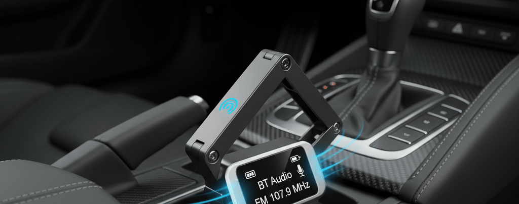 Alt-text: A VicTsing Bluetooth FM transmitter with a foldable design, displaying "BT Audio" and "FM 