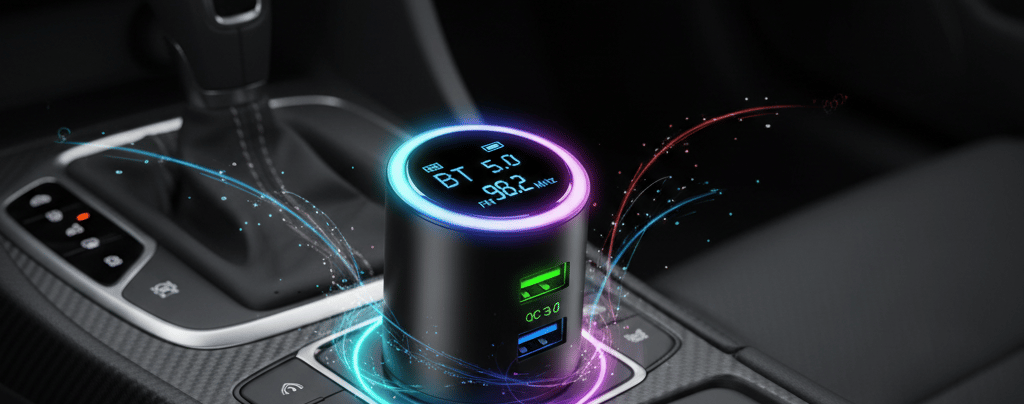 Alt-text: A compact, cylindrical IMDEN Bluetooth 5.0 FM Transmitter plugged into a car's cup holder 