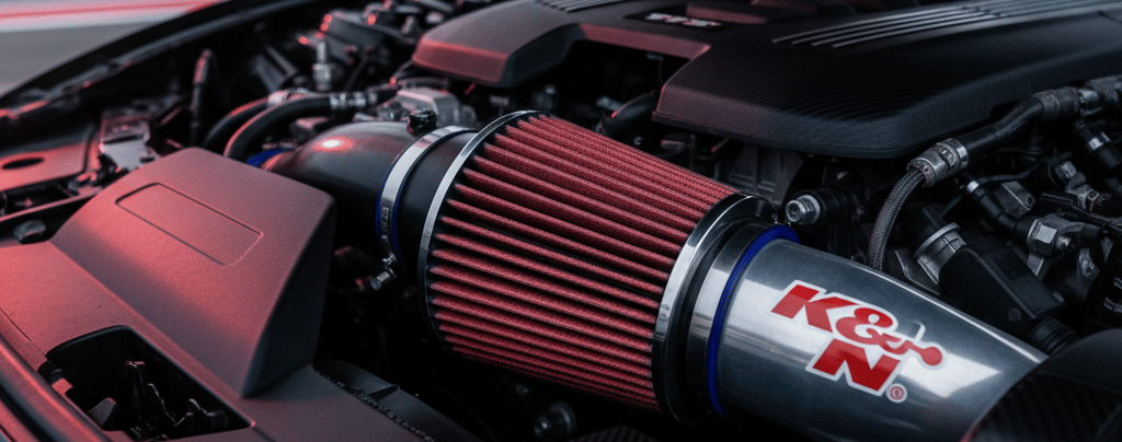K&N high-flow air filter and intake system installed in a modern car engine bay, showcasing the icon