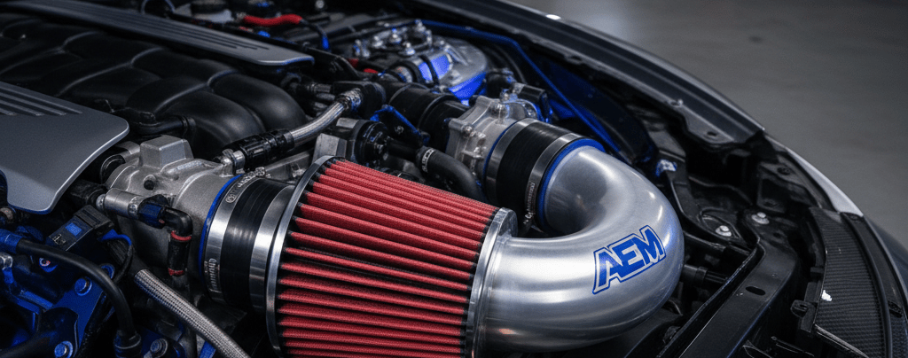 AEM Dryflow air filter with red conical shape and silver intake pipe installed in a high-performance
