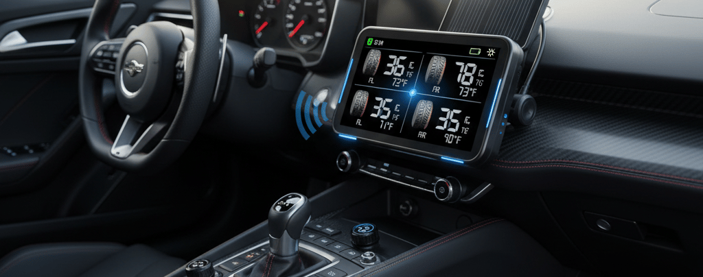 Alt-text: A sleek Tyroxnic Tire Pressure Monitoring System display mounted on a modern car's dashboa
