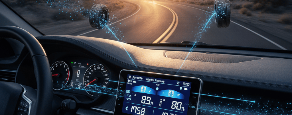 A Jansite Wireless TPMS display showing real-time tire pressure readings, integrated into the dashbo
