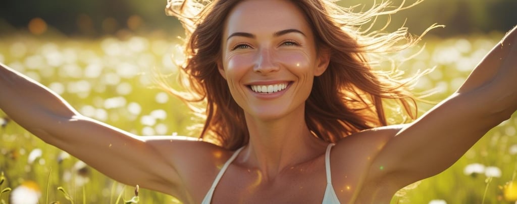 A smiling, healthy woman outdoors in nature—sunlight hitting her face, arms open in freedom and vita