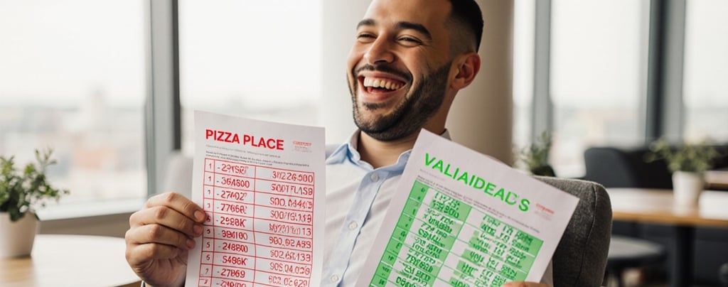 campaign strategist in a modern lounge area, laughing while holding a small test batch printout